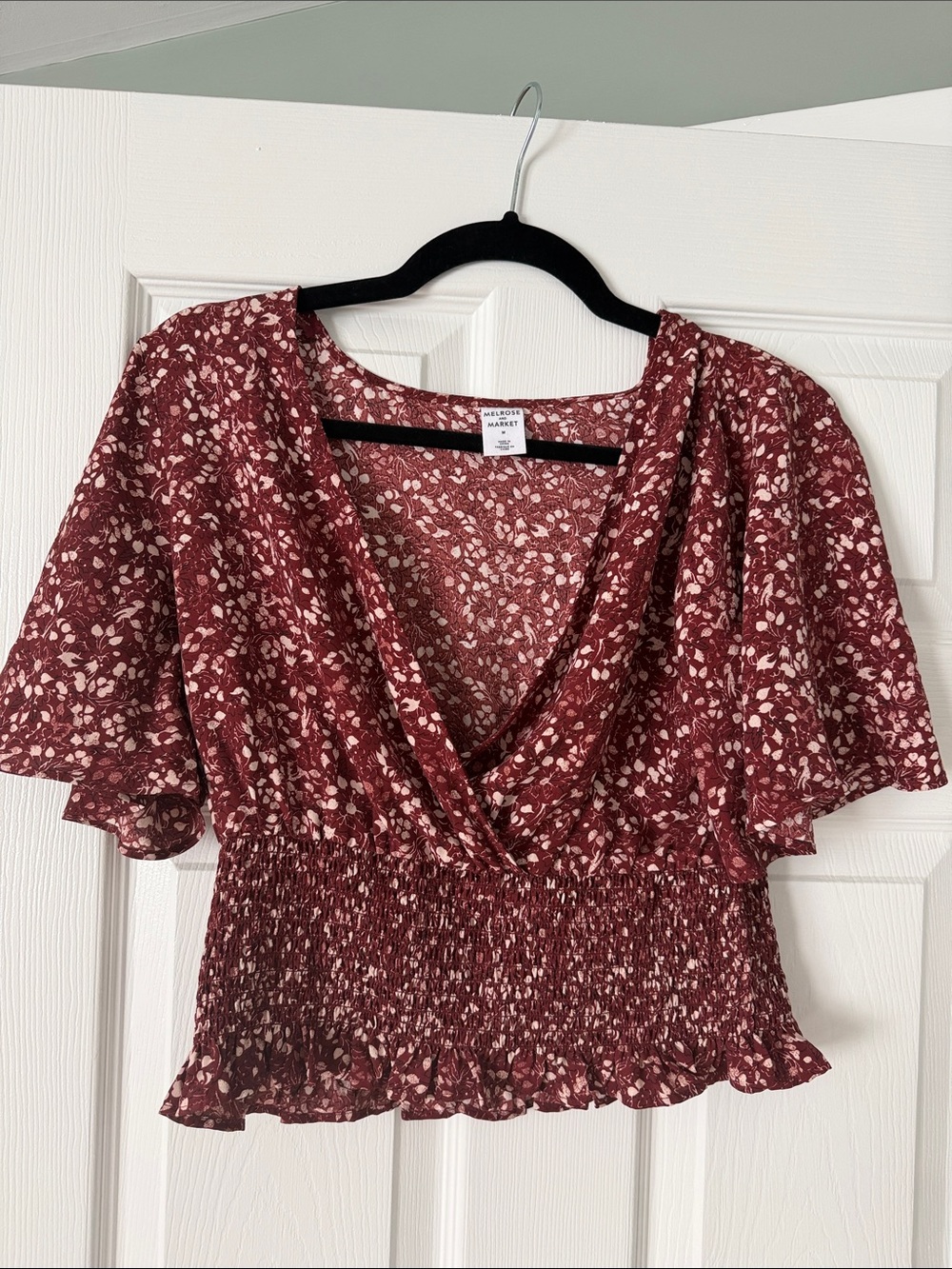 Melrose and Market Burgundy Floral Wrap Smocked Crop Blouse